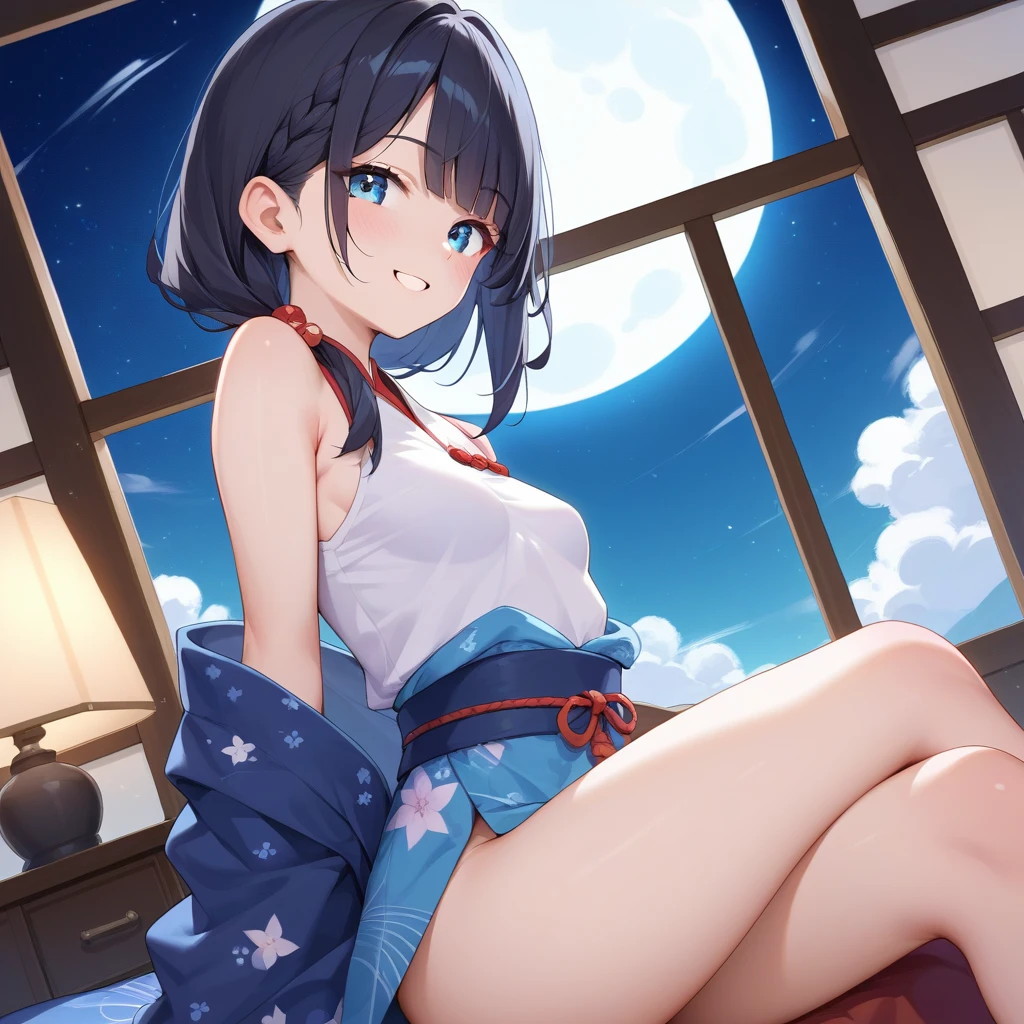 (nsfw), (masterpiece, Highest quality, 8K ultra-high resolution:1.4), , kawaii, nsfw, Pokemon Riko, Down blouse, , (Navy blue frilly yukata, Frilled underwear, night: 1.4), (Summer festival), ((turn around)), Beautiful Eyes,Flash photography, Backlight,  ((Spread your legs)), (The best smile:1.4), (Show your palm to the camera), (Beckon), Written boundary depth, Dramatic portrayal, (Colorful fireworks background), Focus of the film, , Emotional composition, Emotional engine full throttle BREAK Young and cute, Slender body, Flat Chest, Highly detailed glossy skin,Sweat,  完璧なPokemon Riko
, Wind, detailed in the Wind, petals dancing in the Wind
BREAK
ultra detailed crystal eyes, Eyes like shining jewels