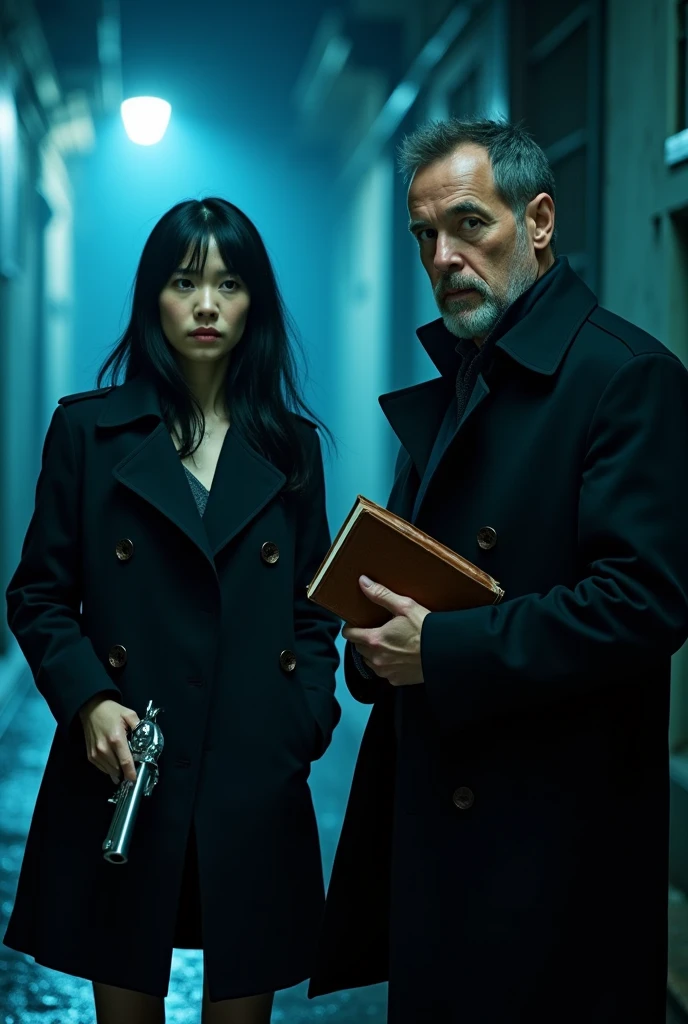 A young Asian woman with fair skin, long black hair, and a determined expression stands in a dimly lit, rain-soaked alley. She wears a sleek black trench coat and holds a vintage silver revolver. Beside her, an older man with a rugged appearance, weathered skin, and a worried look clutches a worn leather journal. The alley is bathed in a cool blue light from a flickering streetlamp, casting long shadows and creating a tense, noir atmosphere. The scene is framed with a shallow depth of field, emphasizing the characters' faces, and the background is slightly blurred, adding a sense of urgency. The film grain is noticeable, and the color grading is desaturated with a blue tint, reminiscent of Christopher Nolan's dark, moody style.