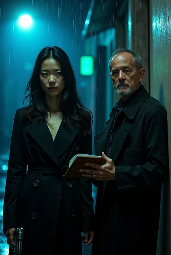 A young Asian woman with fair skin, long black hair, and a determined expression stands in a dimly lit, rain-soaked alley. She wears a sleek black trench coat and holds a vintage silver revolver. Beside her, an older man with a rugged appearance, weathered skin, and a worried look clutches a worn leather journal. The alley is bathed in a cool blue light from a flickering streetlamp, casting long shadows and creating a tense, noir atmosphere. The scene is framed with a shallow depth of field, emphasizing the characters' faces, and the background is slightly blurred, adding a sense of urgency. The film grain is noticeable, and the color grading is desaturated with a blue tint, reminiscent of Christopher Nolan's dark, moody style.