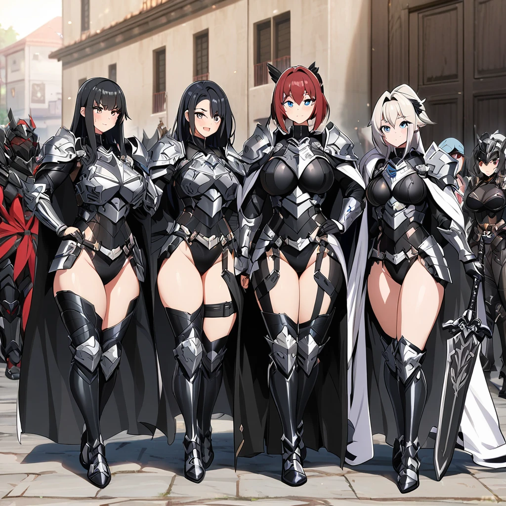 Anime, black paladins, girls paladins, black paladins cloths, Paladin's armor, cape, multiple girls, girls surrounding, curvy body, sword