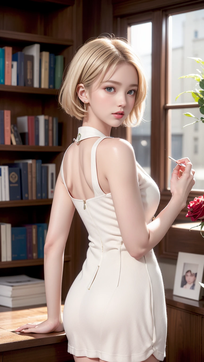(A girl standing in front of a bookshelf in a library)、(Back view)、(Looking back)、Top quality work、Actual work、Ultra Premium Graphics、8K HD CG Works、High quality graphics、High-definition CG works、10x pixels、Extremely fine detail:1. 1,Advanced Technology:1.1. PhotoReal,Indoor Lighting Effects:1.5,Natural light:1.5. Lighting Effects(Virtual Lighting Effects:1. 8)、((Golden white short hair)、(Bob Hair)、Thin eyebrows、High nose、Clean red lips、Rose Cheeks、Subtle makeup face、Cute face、Perfectly balanced face、A light-toned foundation enhances the clarity of your skin.、Girls' school uniform((White jacket、Emblem on chest、White blouse、Red bow tie、Dark check flared skirt)),40k, photograph, On the table, Highest quality, Rain Background, ((1. A girl with beautiful eyes and light hair, White skin, Mr.々A pose, (Medium sized chest,:1.1), Highest quality, On the table, Ultra-high resolution, (Real:1.4), RAWphotograph, (Perfect figure), (slim:1. 3), Slim abdomen, Perfect slim figure, Dynamic Pose, one person, Cold light 12000K, The texture of the face and skin is very fine, Fine grain, Realistic eyes, Beautiful fine grain, (Real skin), charm, Ultra-high resolution, Surreal, Very fine, Very detailed,