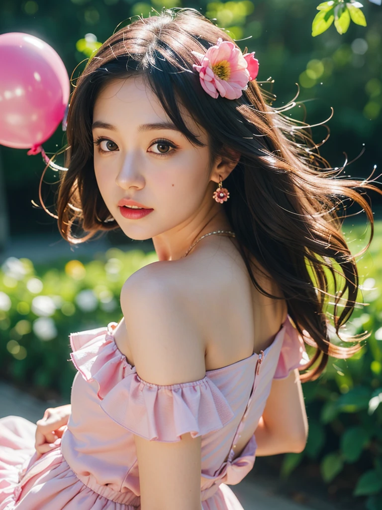 ((best quality)), ((masterpiece)), (detailed), perfect face,seeing the world and balloons are blooming
