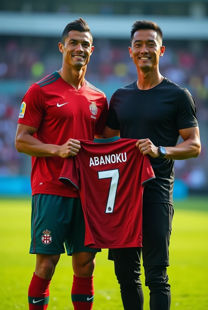 A man sits with Cristiano Ronaldo, wearing a Portuguese shirt, a shirt that says "Sutrisno" number 7