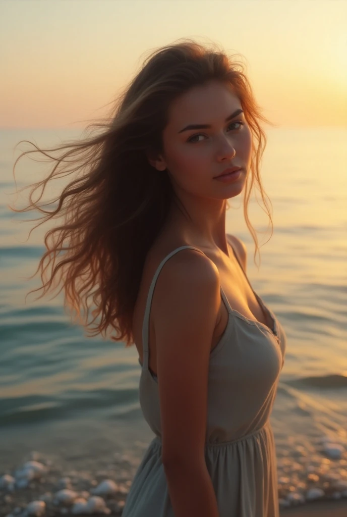 1 ultra hot gorgeous European woman, age 23, floating on the ocean, only head above the water, wet hair, lens flares, sunset, red tones