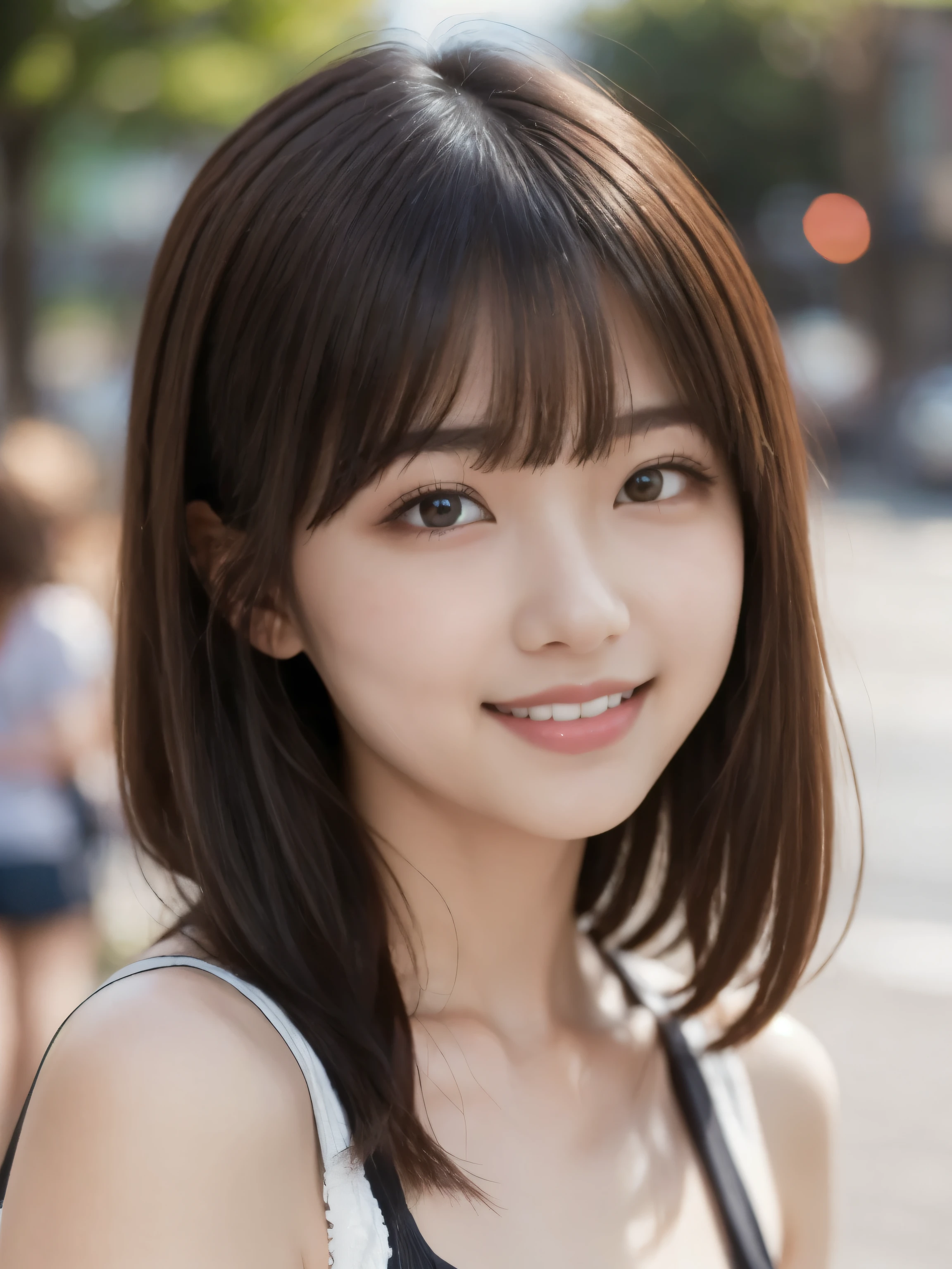 8k、Best Quality、Ultra Wide Angle Monofocal Lens   、(Representative Works:1.2)、( Genuine)、( Genuine:1.37)、    one high school girl、  with a big smile on your face and shake hands、  beautiful alignment of teeth 、Well-formed fingers、Around town、(  cute simple clothes  )、Big Breasts、   perfect body   、 Gravure photoshoot 、 perfect meaning 、Beautiful Skin、Professional Lighting、Face and skin detail  、Microparticles、   RAW PHOTO FROM THE PREVIOUS CENTURY 