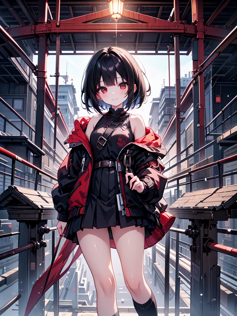 (masterpiece, highest quality, highest quality, (No text), Beautiful and aesthetic:1.2),No text,アニメ、BREAK,One Girl,Black Hair Girl short hair older sister choker Beautiful eyes Red eyes cool smile Red and Black Black jacket mini skirt whole body In town