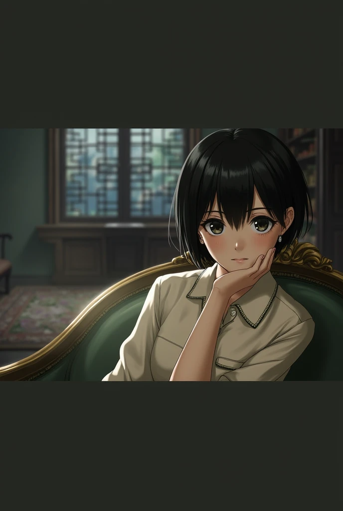 High resolution, masterpiece, Ruka Sarashina, short hair, black hair, (solo), 1girl, cute, interior, detailed eyes, (black eyes)