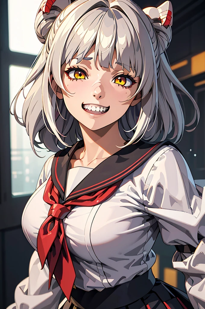 (masterpiece, Best Quality),  1 girl,  Himiko U1,  Double Bang,  side lock,  school uniform, Sailor collar,  red neckerchief , Vertical pupil, Sharp teeth,  pleated skirt, Seraph,  cardigan with front closure,   long sleeve ,  青いSailor collar, Yellow Eyes、cute ***********  ,  (( hair is unkempt )),  (((Disheveled Hair))), ((Diagonal bangs)), 牙 out,  open your mouth , (((Grin, Double teeth))),,  simple and bright background , ,  Cyberpunk style , Cinema 4D, octane render, 3Dmodel, Collector&#39;s item  , Nendoroid , street style,Pixar ,  fashion trend , close-up, Himiko toga, Full body --AR 2:3 --niji 5 --q 2 - s 100 - expressive style --s 2、High school girl、 ivory cardigan、 bun hairstyle 、 sailor suit、