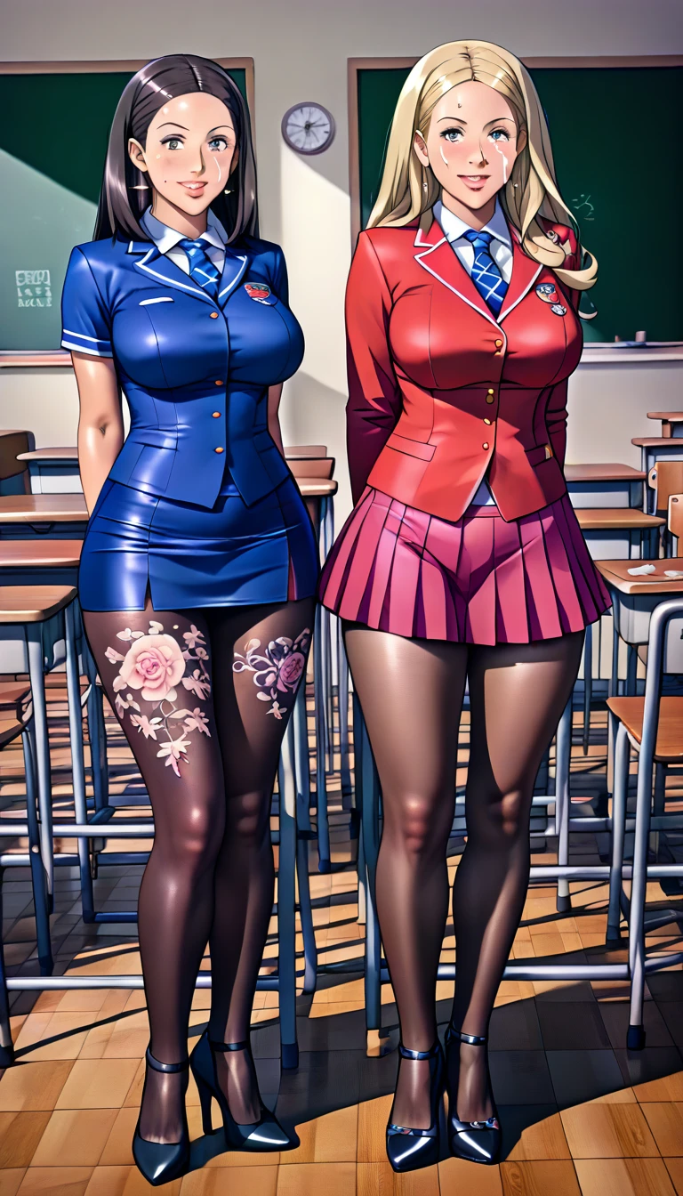  (masterpiece), 8k,  realistic, Original photo, (Best Quality),  beautiful face, ( realistic face),  Ultra High Definition , Super  realistic, Very detailed, Golden Ratio, cute, (There are two people), (Two Sisters:1.4), Gal, (classroom), ( tall high school girls ), ( Female high school students who dislike dirty black penises ), ( standing facing me ), Head to ankle shot,  5 beautiful Japanese women standing with their legs shoulder-width apart , ( Semen bukkake training for female high school students ), ( Never splash semen on their faces :1.2), ( Large amounts of semen on a female high school student's uniform :1.2), (Semen is an opaque  ), ( Thick  scatters in large quantities toward black pantyhose:1.8), ( wear uniforms with chokers, shirts, and black tight mini skirts:1.4),  uniforms are unified , ( Perfect Anatomy:1.2), ( mature women2人が超ミニ制服を着て:1.2), ( definitely wear tight  and black pantyhose and high heels :1.4), ( thigh tattoo:1.4), (No switching between black pantyhose :1.2), Break, (Short upper body),  Thin Waist,  I have a big butt , (Very long legs:1.4), ( very wide and plump thighs ), ( thick black enamel high heels with high heels :1.4),  mature women,  sensual women, maternal, sweat, Black hair loose wrapped long hair , Brown short bob hair, Parted bangs, Lewd,  blonde shortcuts,  realistic目, Pretty pretty eyes,  realistic skin, Beautiful Skin, Improve,  dark-skinned woman , Very curvaceous,  plump,  plump唇, Thick lips, hot, sweating,  perfect and detailed pretty face ,  embarrassing expression ,  dark brown eyes, (Perfect Eyes), ( perfect body ), Perfect breasts, Perfect Arms, (Perfect Legs), Perfect Skin, Beautiful Skin,  hyperbrest, Short waist,  wide hips,  huge ass ,  sensual women, Simple and tight uniform, A woman with a short upper body, ( big breasts:1.2),  Thin Waist, A well-trained body, Short waist,