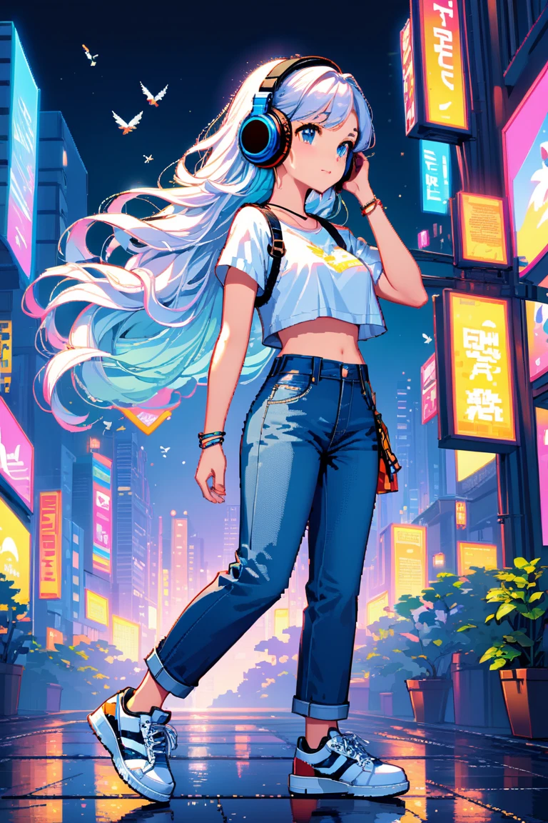 A full-body illustration of a cute girl wearing headphones, designed in 32-bit pixel art style. The girl has detailed, flowing hair and a trendy outfit, including a stylish crop top, high-waisted jeans, and sneakers. The headphones are large and modern, and the background features a vibrant, pixelated cityscape with animated details like small birds and streetlights, enhancing the retro yet polished 32-bit aesthetic.