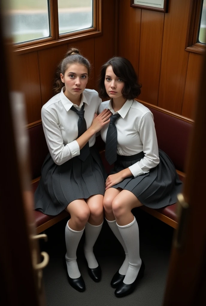 Realistic photo from above of two slim pretty -yeld Casian women. One has short light-brown hair. The other has short dark hair. They are wearing tight white shirts. They are not wearing a bra. They are wearing dark-grey ties. They are wearing dark-grey pleated skirts. They are kneeling in a church confessional booth They are looking up to the viewer. They both have both hands behind their backs. Their mouths are slightly open. They are lit by the camera flash. 