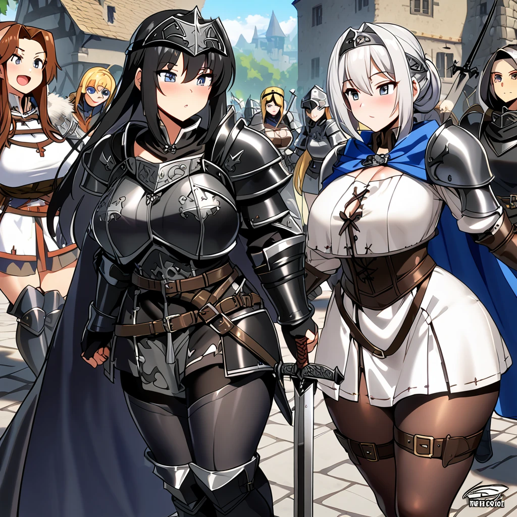 Anime, black paladins, girls paladins, Paladin's black armor (((medieval))), cape, multiple girls, girls surrounding, curvy body, sword