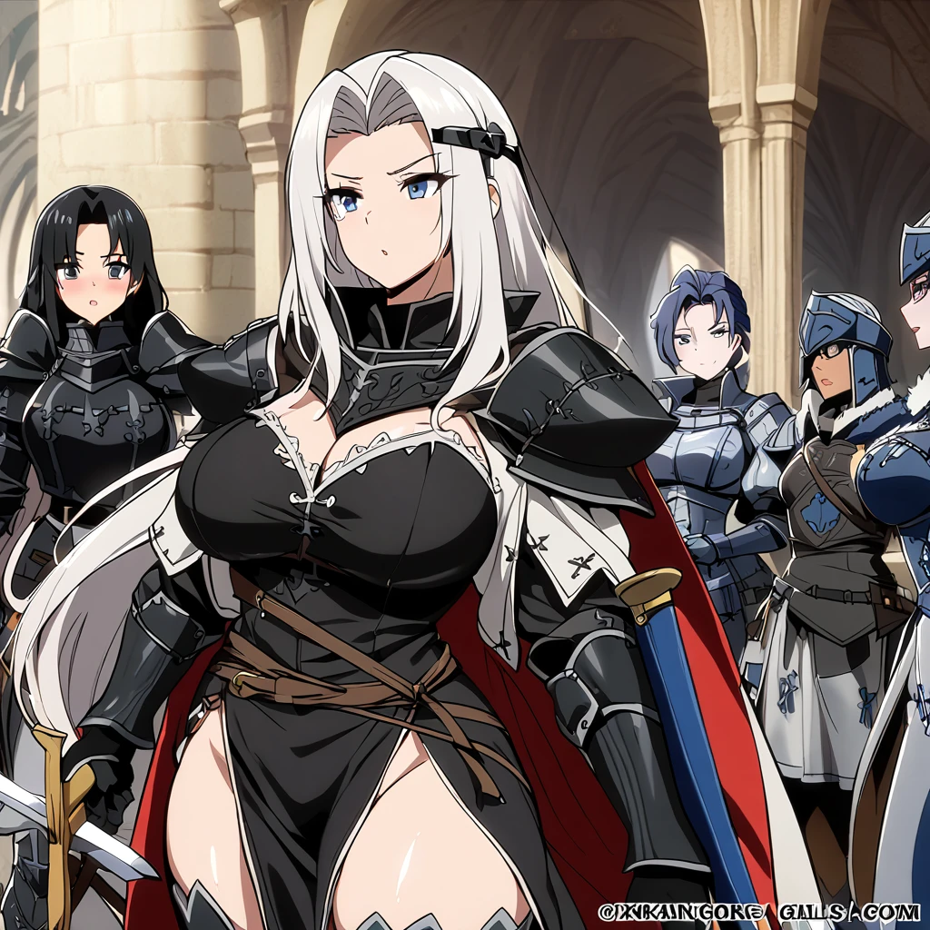 Anime, black paladins, girls paladins, Paladin's black armor (((medieval))), cape, multiple girls, girls surrounding, curvy body, sword