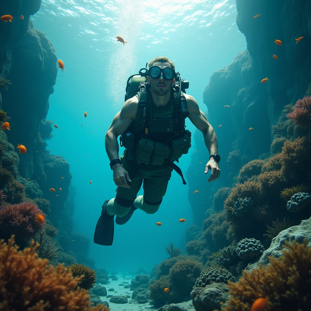 I need a hyper-realistic image of a man swimming with monofins for apnea, a frontal snorkel, and an athletic body.
