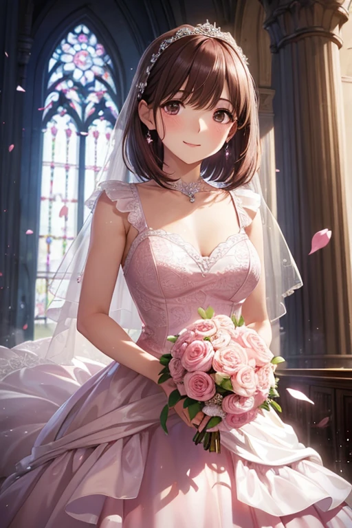 sksbrooke person, sksbrooke, (masterpiece:1.2), (best quality:1.2), perfect eyes, perfect face, 1girl, solo, brown eyes, (medium breasts), perky breasts, seductive look,  pink wedding dress, walking down the ailse in a church, sun ray in background from window, hold bouquet of flowers, sitting down, close up, smiling