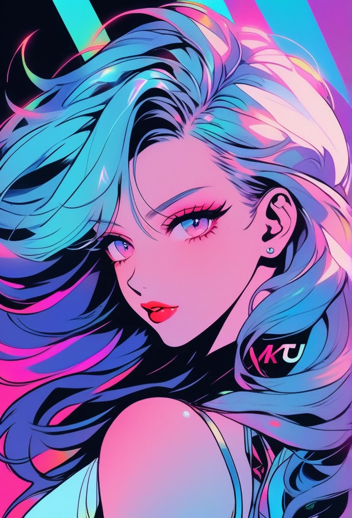 Illustrator, anime , Realistic ,sketch , 1 person, Supermodel, lip, Skimpy bikini, order, Blue gradient background, Neon colored messy medium length hair, Are standing, Sexy pose, Texture Trim, Canadian, (masterpiece,Highest quality) cancer
