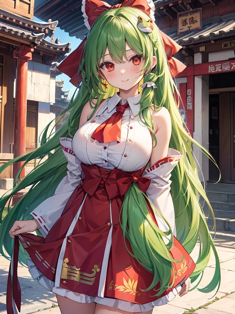 {{ 2 girls}}, Long Hair,  open your mouth , smile,  high quality,  Textured Skin, (Reimu Hakurei,Long Hair, Brown Hair,  big breasts at the temple,  open your mouth ,  red ribbon,  high resolution on down,  high quality,  Textured Skin,  very detailed), (Sanae Kochiya,Long Hair, Green Hair,  big breasts at the temple, smile,  high resolution on down,  high quality,  Textured Skin,  very detailed, Frog hair accessory), high resolution on down,  high definition model,  very detailed, 