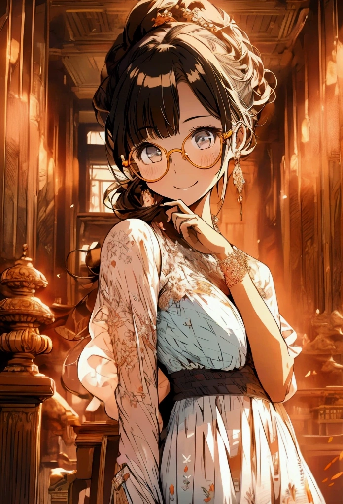  one girl, Orange Long Ponytail,Round Glasses,Baby Face,Small breasts,Finely Embellished White Dress , Look and smile , Libraries , imaginary, Fine Details , Clear Colors ,Morning Glow,Old-fashioned Decor 