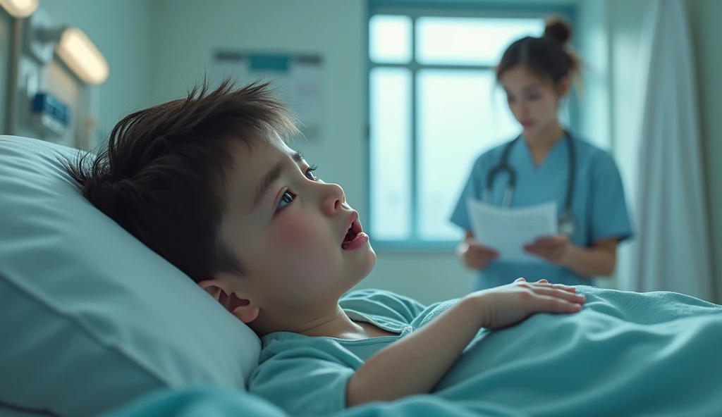 A sexy man with surgical gloves puts his hand over a child's mouth in a hospital bed. The man is under the child