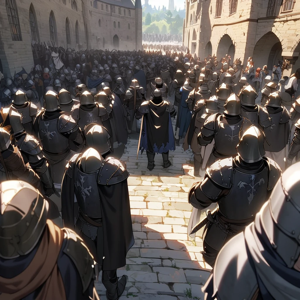 Anime, black paladins, black paladins, Paladin's black armor (((medieval))), cape, multiple people, people surrounding, sword