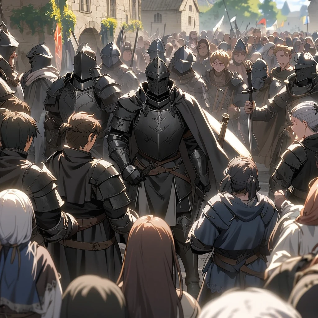 Anime, black paladins, black paladins, Paladin's black armor (((medieval))), cape, multiple people, people surrounding, sword