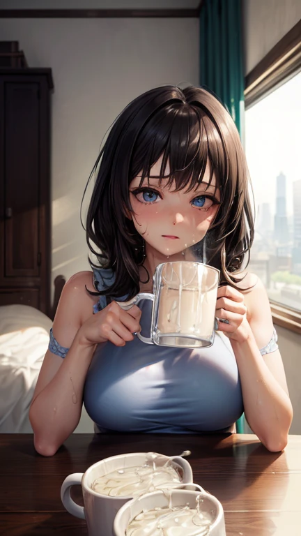  high quality masterpiece, (Unreal Engine), reality:1.8,  Ultra-fine, Rich Contrast , high quality, 8k, high resolution texture, Astonishing absolute resolution, Advanced Settings, colorful, Digital Blending, (Hasselblad photo, Distorted angle of view), 

Pretty Girl by the Bed , Black Hair, Light Blue Eyes,  had, indoor, Expressionless, Hair below the shoulders, Big Breasts, White Camisole , upper body, Wet clothes, sweat, heavy breathing , abdomen,  ((holding cups filled with semen in both hands、Scenery of tables facing each other ), (gokkun), (Hire a face ) ,(Holding a mug)), Scenery of tables facing each other  ,