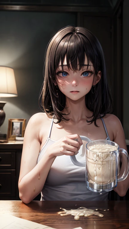  high quality masterpiece, (Unreal Engine), reality:1.8,  Ultra-fine, Rich Contrast , high quality, 8k, high resolution texture, Astonishing absolute resolution, Advanced Settings, colorful, Digital Blending, (Hasselblad photo, Distorted angle of view), 

Pretty Girl by the Bed , Black Hair, Light Blue Eyes,  had, indoor, Expressionless, Hair below the shoulders, Big Breasts, White Camisole , upper body, Wet clothes, sweat, heavy breathing , abdomen,  ((holding cups filled with semen in both hands、Scenery of tables facing each other ), (gokkun), (Hire a face ) ,(Holding a mug)), Scenery of tables facing each other  ,