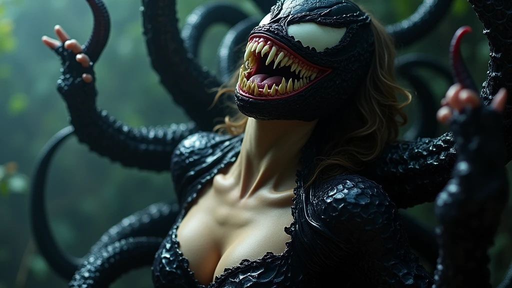 ((((Naked women:1.2))), Intimidating Reptile human hybrid with muscular female body, ((cum in:0.7)), sharp teeth and long claws large breasts infected with Venom symbiote full body render global illumination Masterpiece 8K Wallpaper global illumination