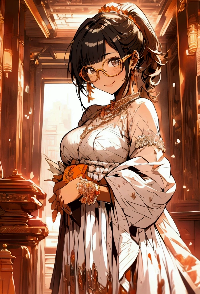  one girl,dark orange long ponytail,Round Glasses,Baby Face,Small breasts,Finely Embellished White Dress , Look and smile , Libraries , imaginary, Fine Details , Clear Colors ,Morning Glow,Old-fashioned Decor 