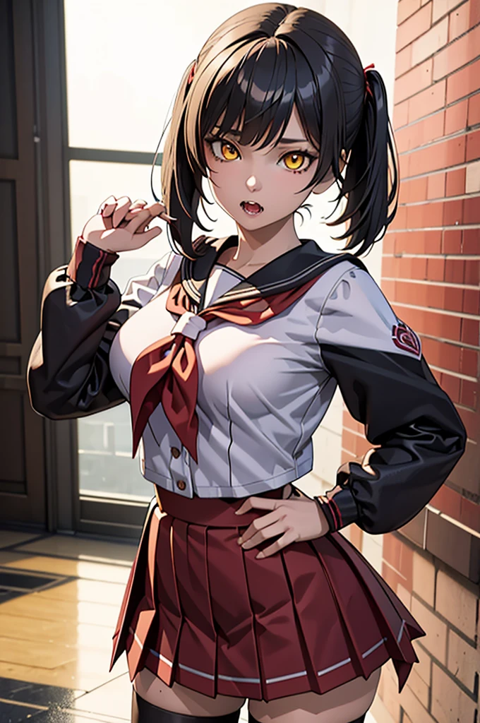 (masterpiece, Best Quality),  1 girl,  Himiko U1,  Double Bang,  side lock,  school uniform, Sailor collar,  red neckerchief , Vertical pupil, Sharp teeth,  pleated skirt, Seraph,  cardigan with front closure,   long sleeve ,  青いSailor collar, Yellow Eyes、simple and bright background , ,  Cyberpunk style , Cinema 4D, octane render, 3Dmodel, Collector&#39;s item  , Nendoroid , street style,Pixar ,  fashion trend , close-up, Himiko toga, Full body --AR 2:3 --niji 5 --q 2 - s 100 - expressive style --s 2