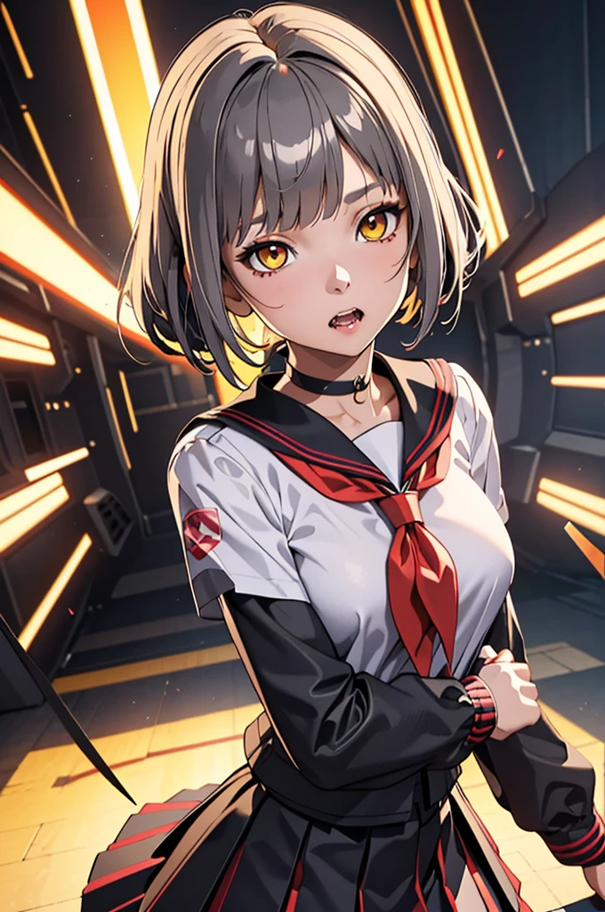 (masterpiece, Best Quality),  1 girl,  Himiko U1,  Double Bang,  side lock,  school uniform, Sailor collar,  red neckerchief , Vertical pupil, Sharp teeth,  pleated skirt, Seraph,  cardigan with front closure,   long sleeve ,  青いSailor collar, Yellow Eyes、simple and bright background , ,  Cyberpunk style , Cinema 4D, octane render, 3Dmodel, Collector&#39;s item  , Nendoroid , street style,Pixar ,  fashion trend , close-up, Himiko toga, Full body --AR 2:3 --niji 5 --q 2 - s 100 - expressive style --s 2