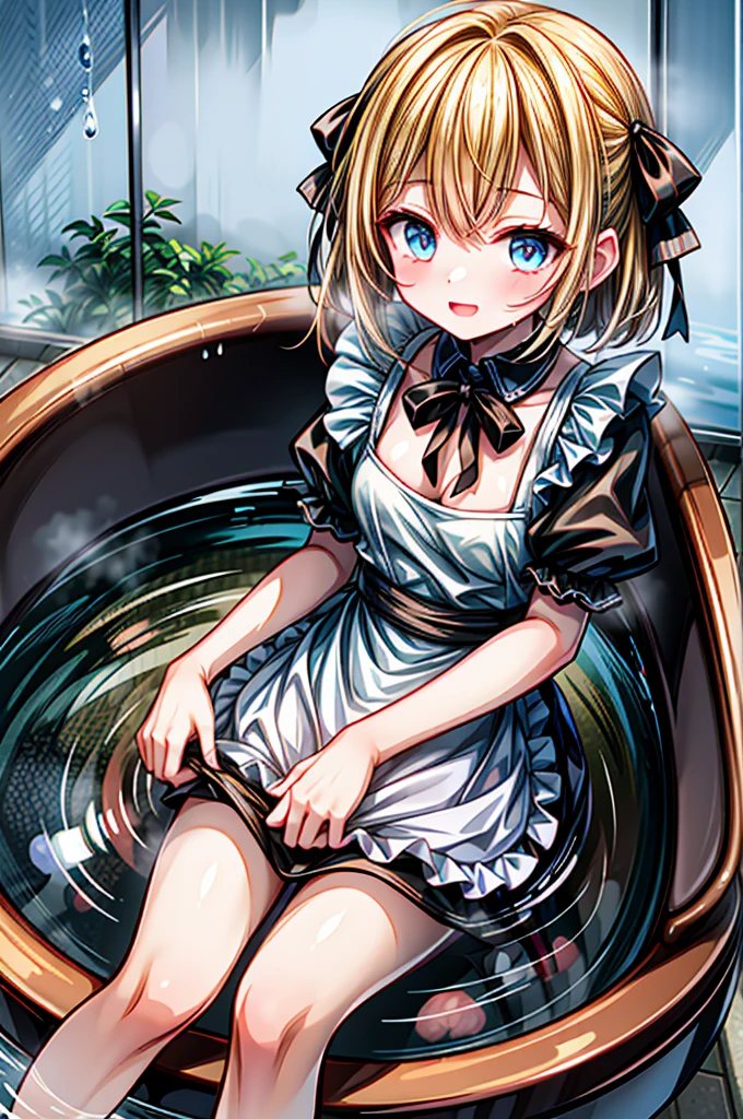 (4K,  super high quality, masterpiece:1.2),  Ultra High Definition , One person,  girl, cute, Blonde, Blue Eyes, Small breasts,  maid clothes,  black dress,  White Apron ,  white and black apron dress ,  Katyusha,  Blue Ribbon , Bathtub, Taking a bath, My clothes are still ,  soaked in water up to my chest, Water droplets all over the body, soaked,  like a , Bright smile, 