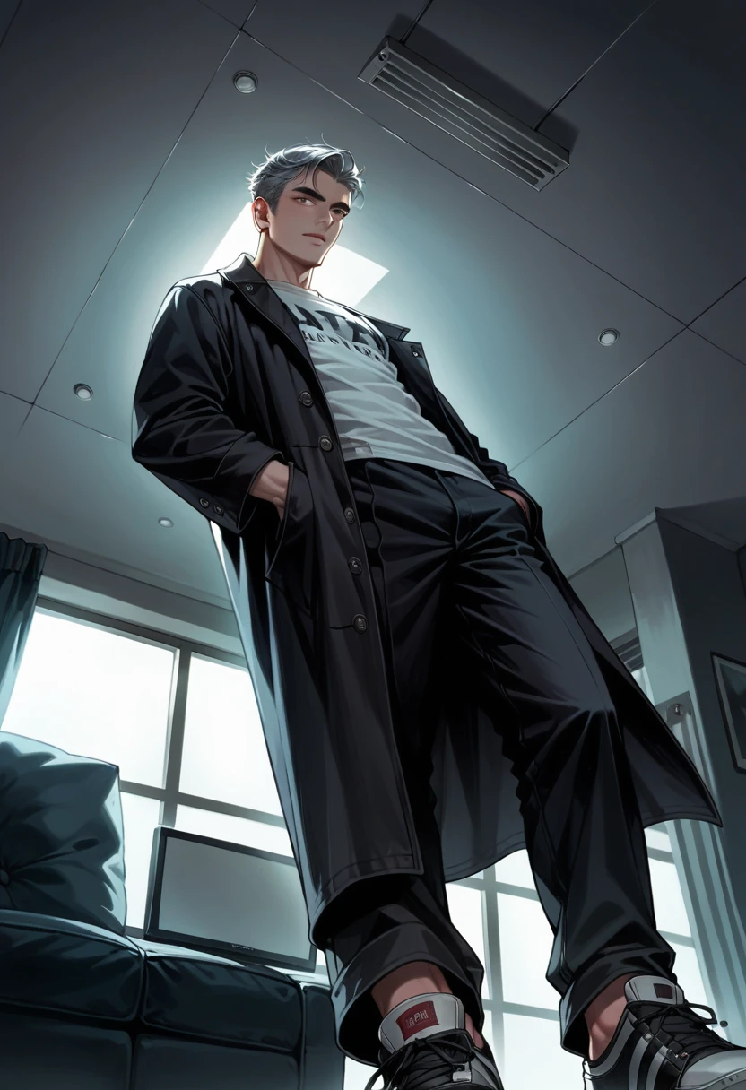  great quality ,  Maximum realism , ultra graphics, man ,25 years old, (with a dark platinum hair color just below the ears:1.4),  t-shirt with gray eyes , in a gray ,((  in a classic long black coat ))  black pants black men's shoes sits in a large modern rich luxury new living room room dark lighting,  coat, dark design with panoramic windows and contoured red light,  neon light under the ceiling 