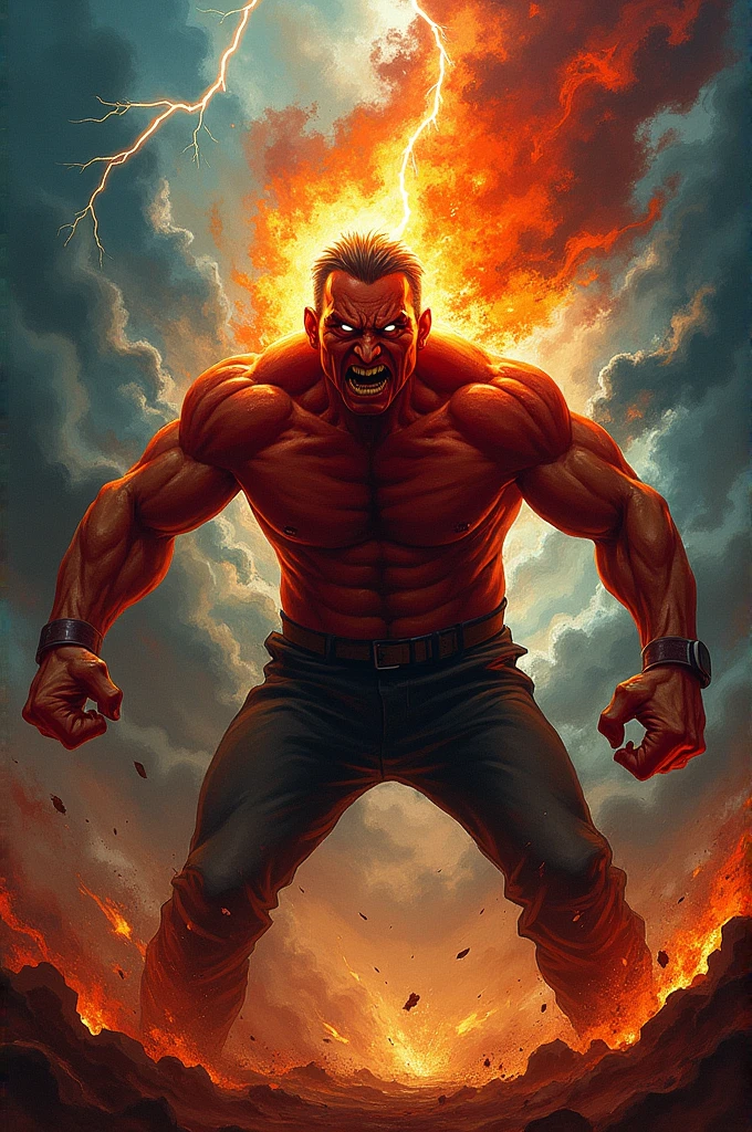 Illustration with 70's comic book style, about angry man at fire burn