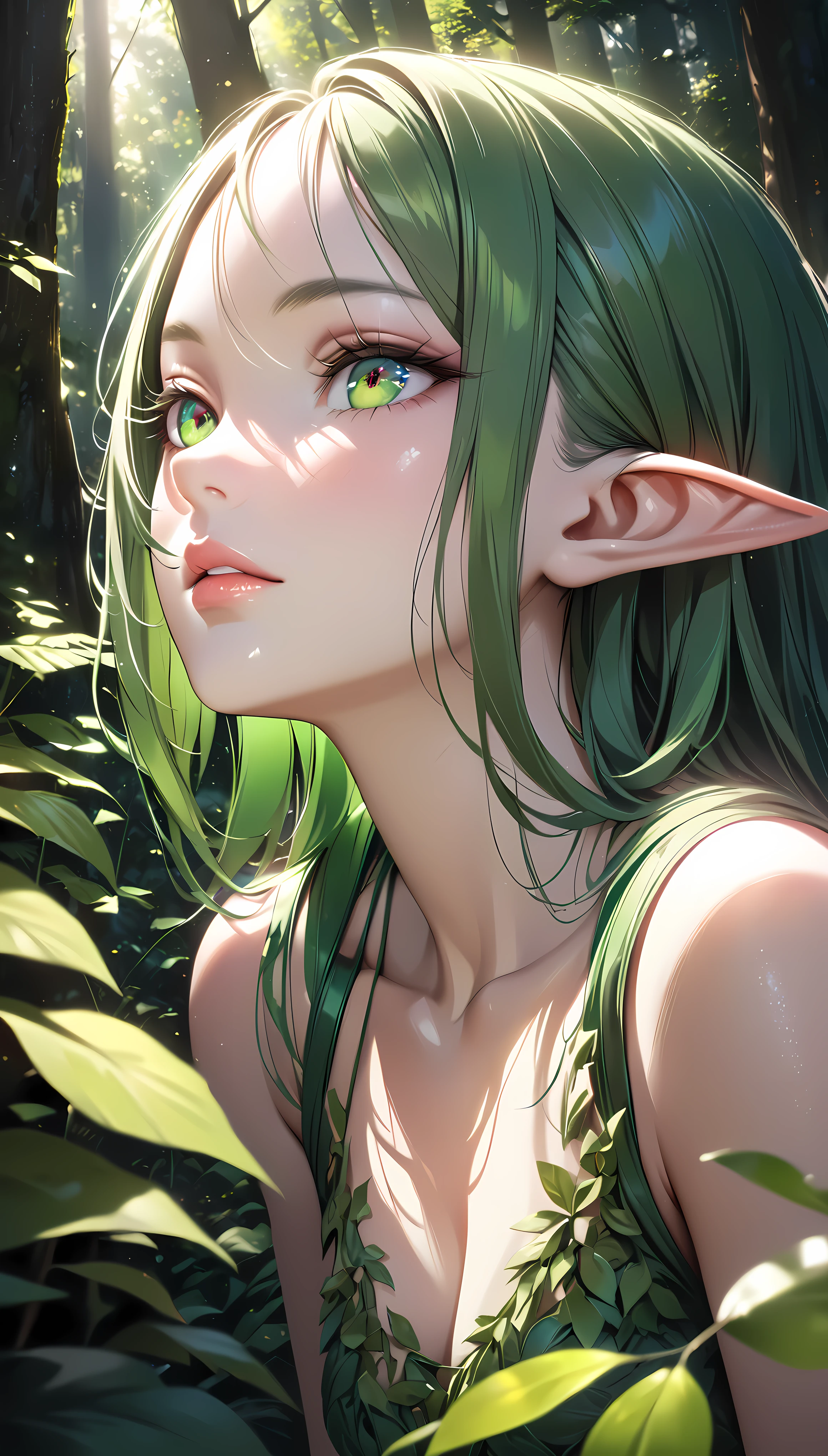 a lush green forest, sunlight pouring through the trees, beautiful detailed eyes, beautiful detailed lips, extremely detailed eyes and face, long eyelashes, 1elf girl, serene expression, peaceful, nature, natural lighting, photorealistic, high quality, masterpiece, 8k, intricate details, hyper realistic, dramatic lighting, vibrant colors, hzk, 