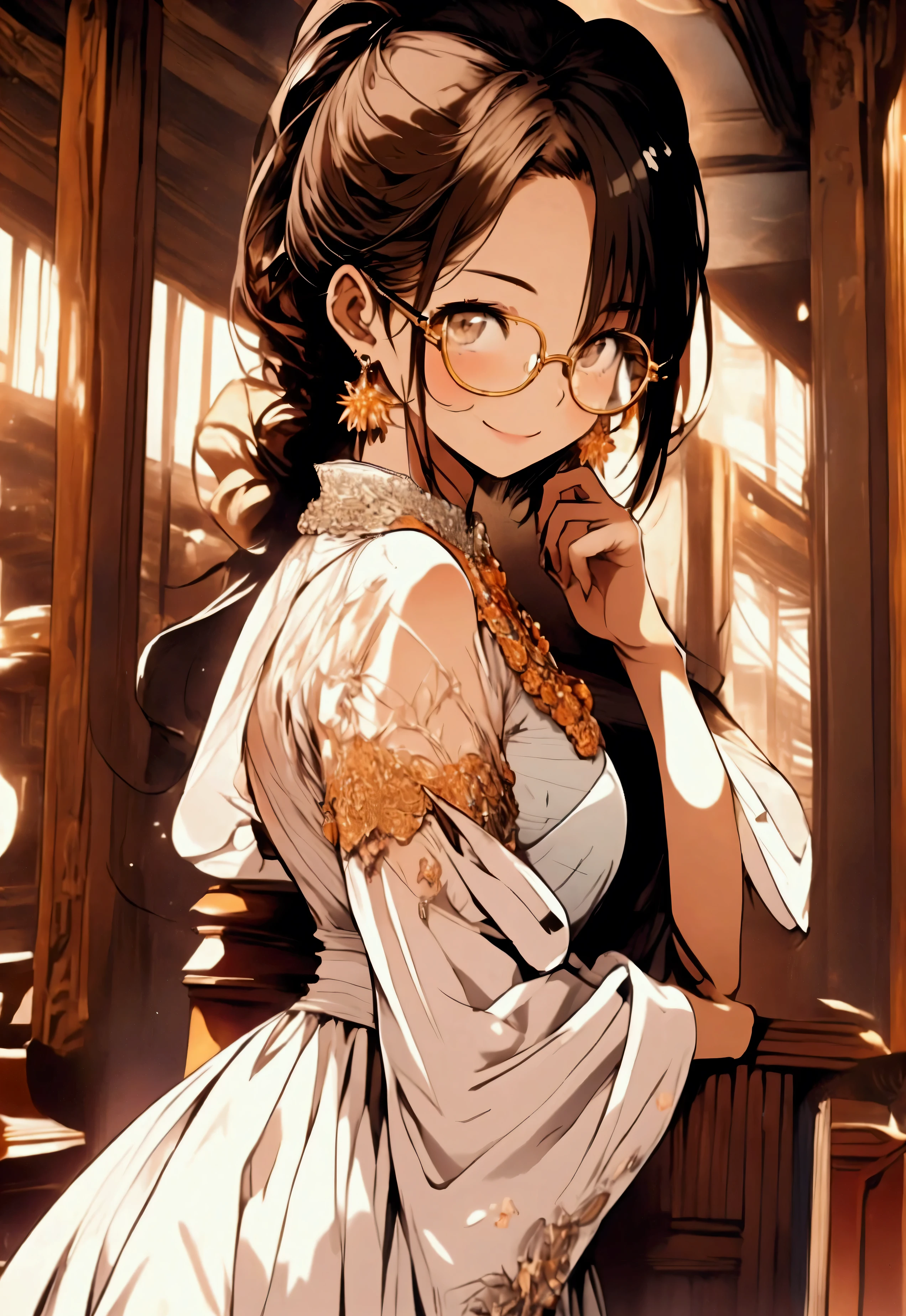  one girl,dark orange long ponytail,Round Glasses,Baby Face,Small breasts,Finely Embellished White Dress , Look and smile , Libraries , imaginary, Fine Details , Clear Colors ,Morning Glow,Old-fashioned Decor 