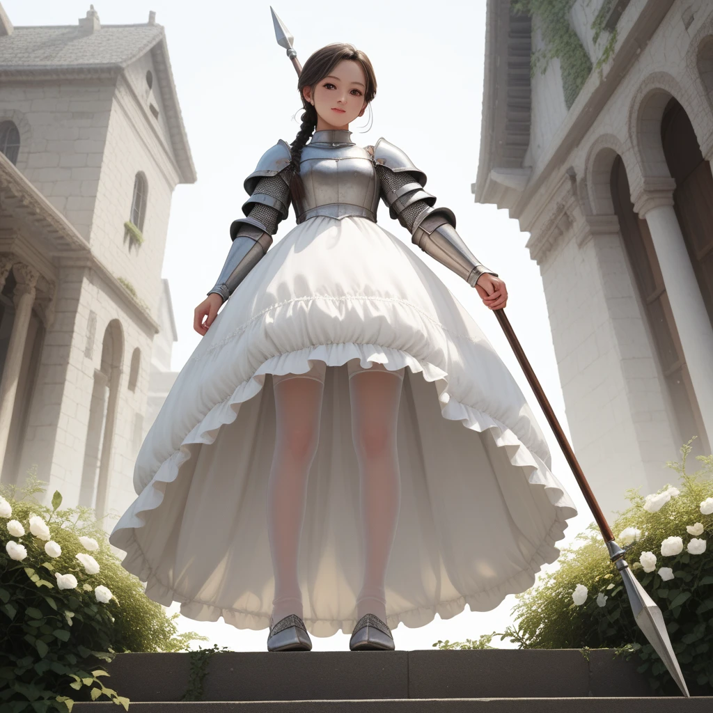 (  highly detailed CG octane rendering 8k wallpaper with a long spear ),  World's Most Beautiful Artwork ,  with a flag attached to a long spear, Complex,  high detail, ８  girls, Silver embroidery,  medieval long cotton dress（With panniers）, Cotton fabric,  raise my skirt , Strong winds, Transparent slip, Translucent Tights , Peeking from below, Best Quality, Disarray of clothing,  lies down, underwear,  show off your thighs, Knight , Skirt lining, Bloomers、Leather Armor、Full body shot seen from below 
