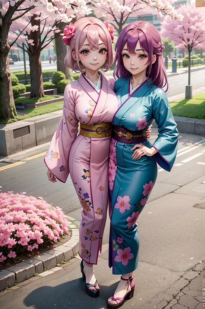 one smiling girl, (conjoined: 1.2), (two headed: 1.2), pink hair, purple hair, wearing blue kimono with pink flower patterns, standing under cherry blossoms
