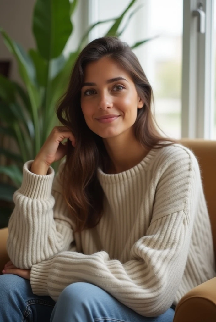 beautiful girl, dark gray hair below the shoulder, with bright, sparkling eyes, Shiny skin, Beautiful nails, pearl skin, wearing a light gray, voluminous sweater, Beautiful detailed fingers, professional photo, 4K, a high resolution, high detail, aesthetically pleasing, Beautiful, realistic, sitting on the couch, looks straight, beautiful long nails, holding a golden book against the backdrop of a white living room.