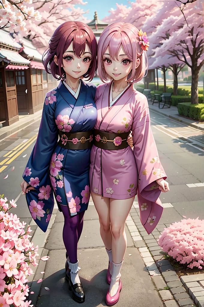 one smiling girl, (conjoined: 1.2), (two headed: 1.2), pink hair, purple hair, wearing blue kimono with pink flower patterns, standing under cherry blossoms
