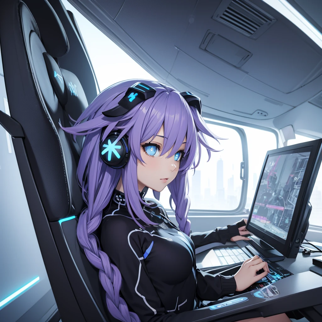 Beautiful girl playing video games with headphones in a bright room from the side, It only has one screen in front, Close plane of the head from the side