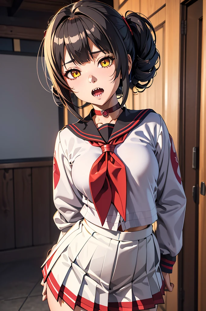 (masterpiece, Best Quality),  1 girl,  Himiko U1,  Double Bang,  side lock,  school uniform, Sailor collar,  red neckerchief , Vertical pupil, Sharp teeth,  pleated skirt, Seraph,  cardigan with front closure,   long sleeve ,  青いSailor collar, Yellow Eyes , Cinema 4D, octane render, 3Dmodel, Collector&#39;s item  , Nendoroid , street style,Pixar , close-up, Full body --AR 2:3 --niji 5 --q 2 - s 100 - expressive style --s 2