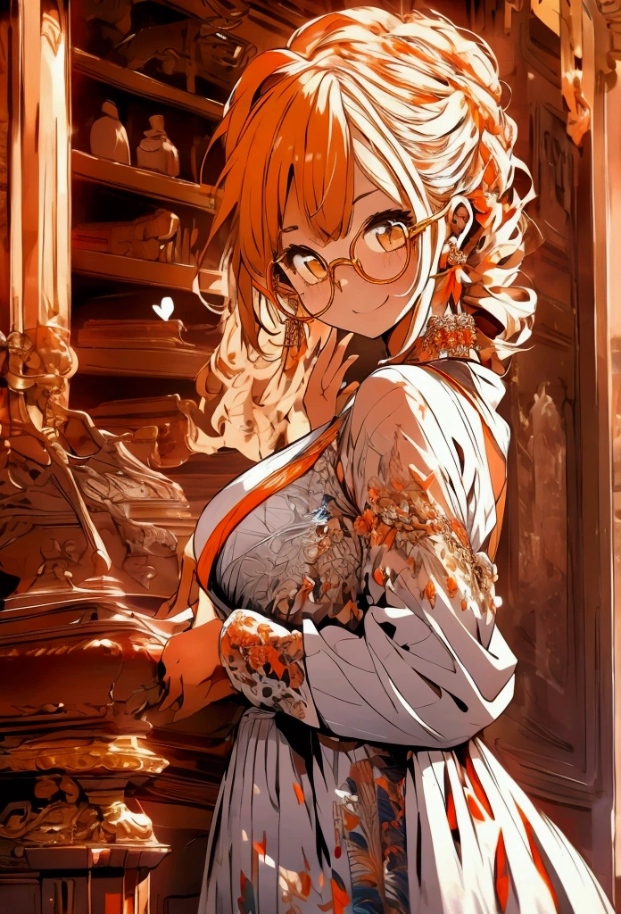  one girl,bright orange long ponytail,Fluttering Hair,Round Glasses,Baby Face,Small breasts,Finely Embellished White Dress , Look and smile , Libraries , imaginary, Fine Details , Clear Colors ,Morning Glow,Old-fashioned Decor 