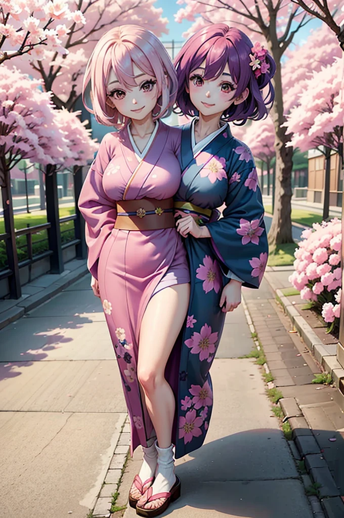 one smiling girl, (conjoined: 1.2), (two headed: 1.2), pink hair, purple hair, wearing blue kimono with pink flower patterns, standing under cherry blossoms
