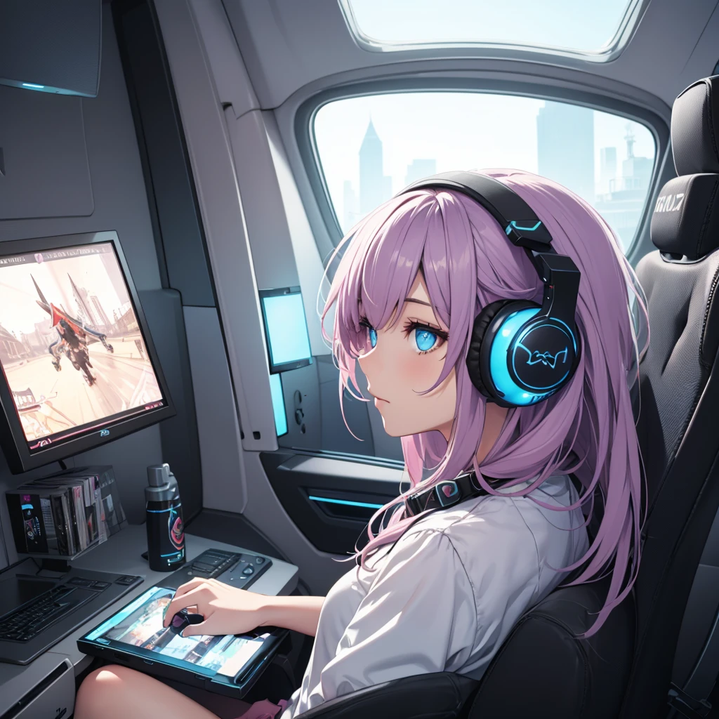 Beautiful girl playing video games with headphones in a bright room from the side, It only has one screen in front, Close plane of the head from the side