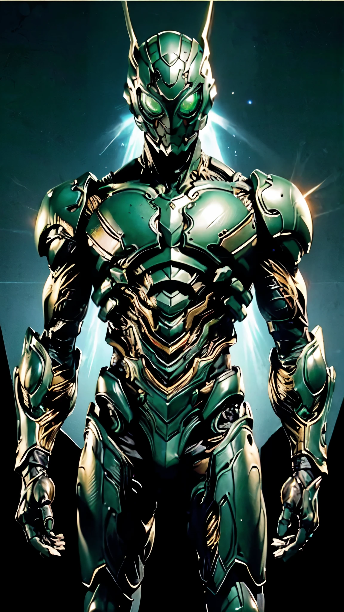 (masterpiece:1.5, best quality:1.5, extremely delicate:1.5), ((male:1.5)), a man wearing a full-face helmet, green eyes, fantasy-style high-tech biomimetic armored combat suit, (a composite layered chest armor), the design balances heavy with agility, fully enclosed shoulder guards, matching arm and leg guards, a belt of gemstone, (the color scheme is primarily Black with Red and Golden accents, Organic Biotech, Concept Inspired by Kamen Rider, glowing eyes, armor glows, stand of a futuristic sci-fi city), this character embodies a finely crafted fantasy-style armored hero in anime style, exquisite and mature art style, metallic, high definition, highres, ultra-detailed, ultra-fine painting, professional, perfect body proportions, golden ratio, anatomically correct, symmetrical face, extremely detailed eyes and face, high quality eyes, creativity, RAW photo, UHD, 32k, Natural light, cinematic lighting, masterpiece-anatomy-perfect