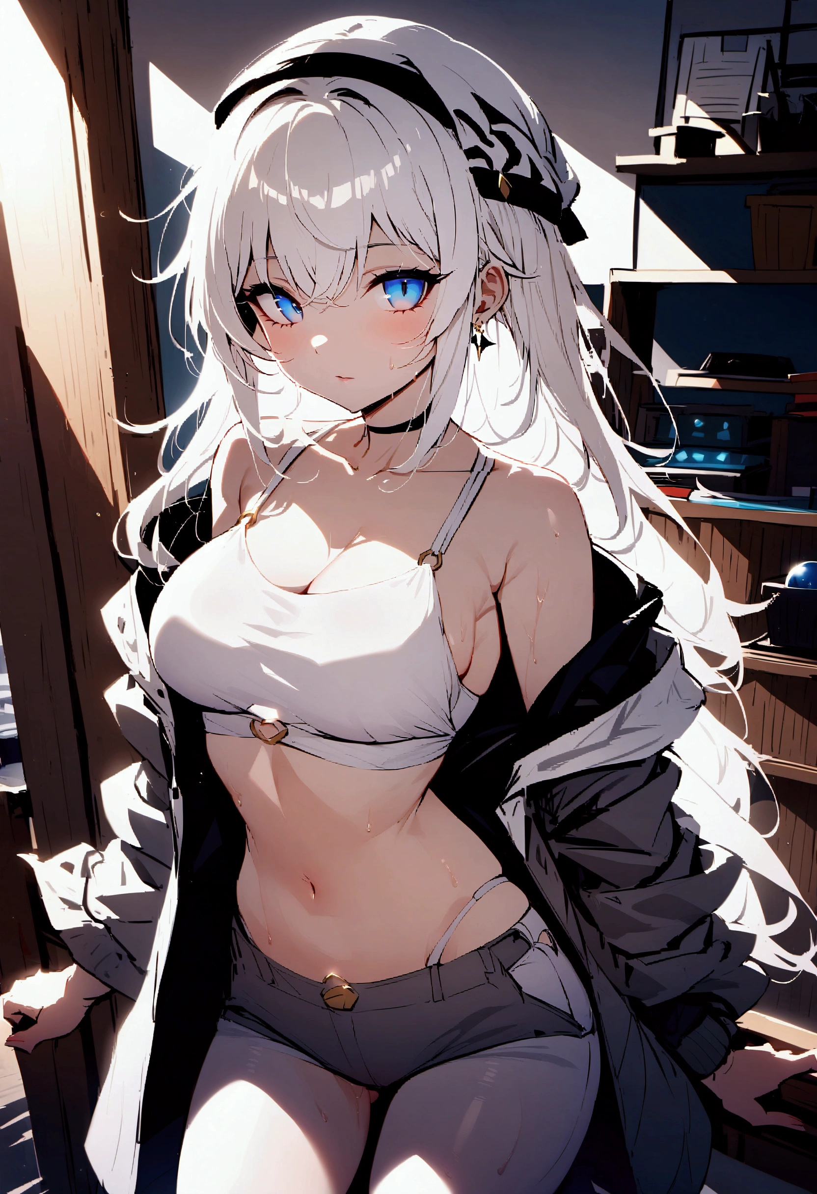 (masterpiece、Highest quality、Very detailed))、One girl、Grey Hair、Long Hair、Two Side Up、Grey Eyes、Sharp Eyes、evil smile、((Large Breasts))、((black plaid bra))、 ((black panties))、Cowboy Shot、Pretend、Turning your butt off、Shoot from behind、Locker Room Background