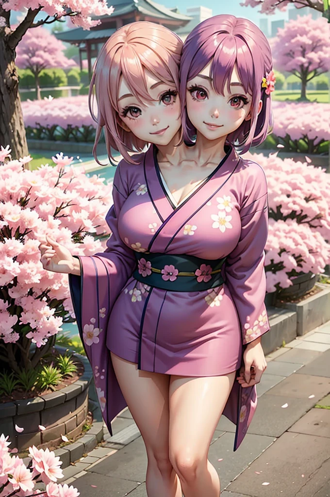 one smiling girl, (conjoined: 1.2), (two headed: 1.2), pink hair, purple hair, wearing blue kimono with pink flower patterns, standing under cherry blossoms
