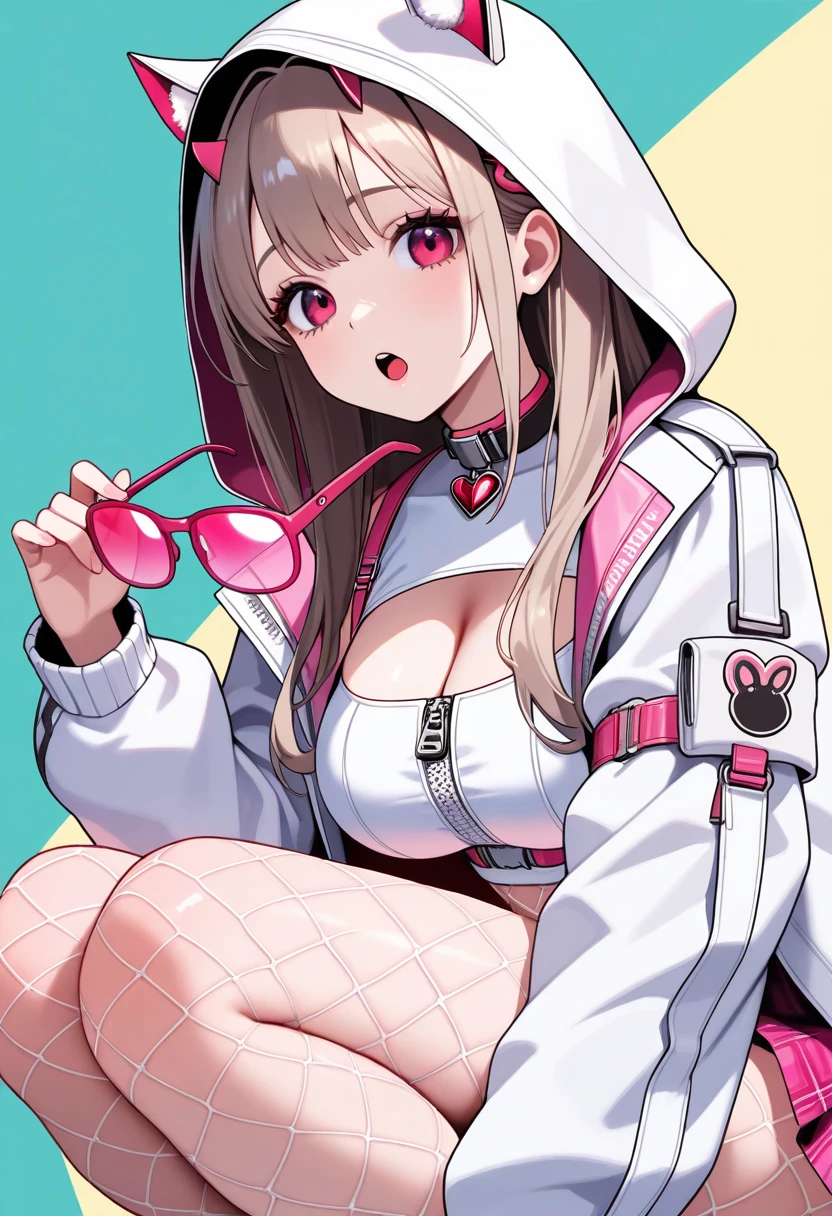 1girl, solo, viper ,/(nikke/),long hair, ribbon, glasses, holding glasses, open mouth,white jacket,hood up, yellow fishnet, squatting, breast, clavage, eyelashes