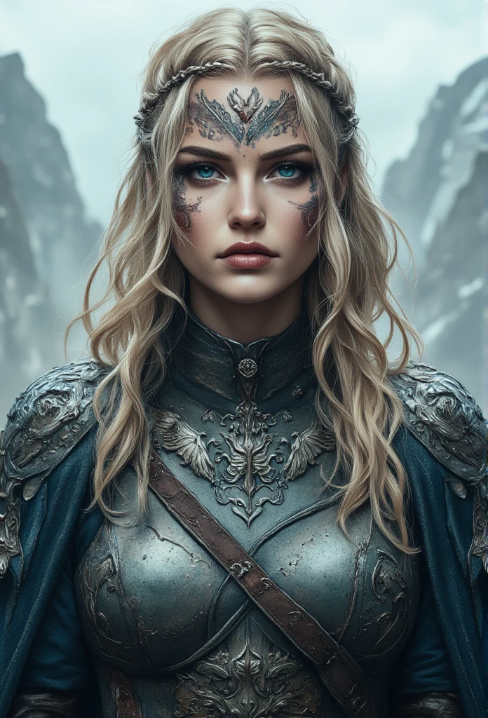 An extremely detailed close-up portrait of a fierce Viking warrior woman standing against a rugged Nordic landscape. She has a strong, intense gaze with striking blue eyes, framed by intricate tribal war paint on her face. Her blonde hair is styled in multiple complex braids with small metal rings and beads woven throughout, adding a rugged, battle-ready look. Her armor is dark leather and metal, heavily adorned with intricate Norse engravings and elaborate patterns. The shoulder plates and forearm guards are more detailed with carvings of wolves, ravens, and intricate knotwork, showcasing Norse mythology. The background features mist-covered mountains and a cloudy sky, enhancing the mystical, fantasy atmosphere. The lighting highlights the realistic depth of the metallic accents and textures on her armor. The overall color palette is earthy and metallic, capturing the cold, raw essence of Viking lore with extreme detail in her armor and hair.